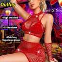 Rave Outfits for Women Festival,Glitter Rhinestone Fishnet Skirt Set,Sexy Mesh Swimsuit Cover Up Pool Party Outfit,Sexy Lingerie Set Bodysuit For Women, M