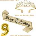 9th Birthday Decorations for Girl Gold with 9th Birthday Sash and Tiara, Candles and Cake Topper, Number Balloons, 9 Year Old Gifts for Girls