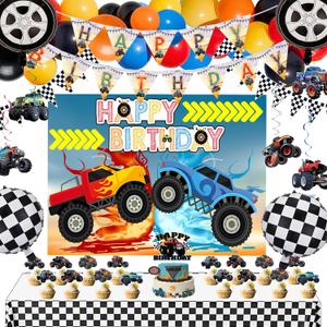 Monster Truck Party Supplies Set, Decorations with Banner, Hanging Swirls, Backdrop, Table Cloth, Balloons, Cake Toppers