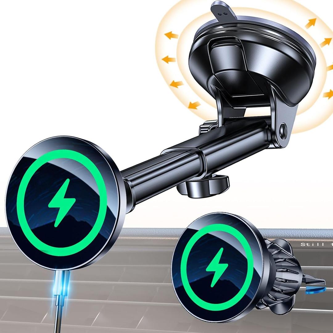 Cool pow for Mag Safe Car Mount Charger Ultra Magnet Magnetic Phone Holders for Your Car Charger Windshield + Vent + Dash Magnetic Wireless Car Phone Holder Charger Car Mount for iPhone 17 Pro Max 16 15 14