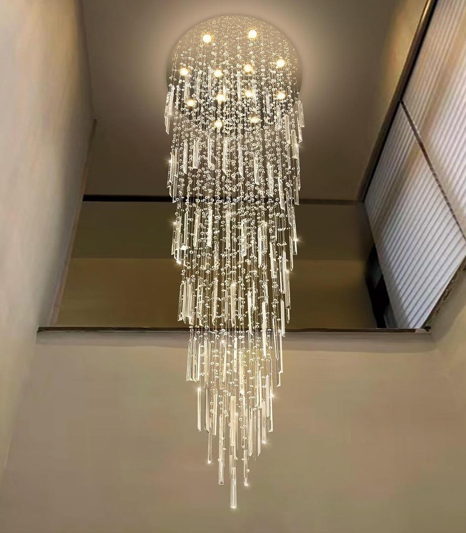 D32'' x H100'' Modern Crystal Chandelier High Ceiling Chandeliers for Entryway Glam Chandelier Large Raindrop Chandeliers LED Dimmable Light Fixtures for Staircaes Foyer Hallway Living Room Silver