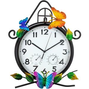 15'' Large Outdoor Clock, Wall Clock with Thermometer & Humidity Silent No-Ticking Outdoor Clocks Waterproof for Patio, Living Room, Kitchen (Black-house)