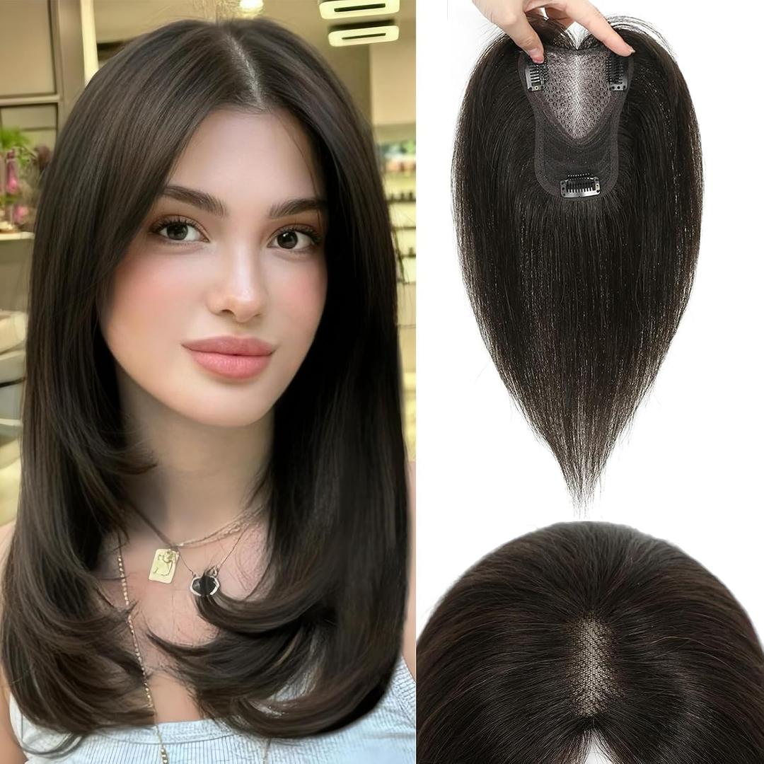 Hair Toppers for Women Real Human Hair, 12 Inch Toppers Hairpieces for Women with Side Bangs Upgraded Lace Base for Thinning hair to Add Volume(Dark Brown,12 Inch)