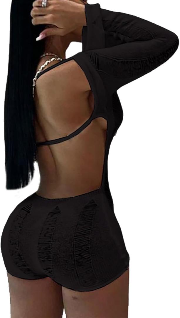 Women Sexy Off Shoulder Crochet Knitted Hollow Out Long Sleeve Romper Backless Bodycon Party Club Night Rompers (Large, Black 1)