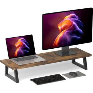 TEAMIX 31.5 inch Dual Monitor Riser for 2 Monitors, Long Monitor Stand Riser TV Stand Riser Monitor Stand for Desk Wood & Steel Desktop Riser Desk Organization Home Office (Brown)