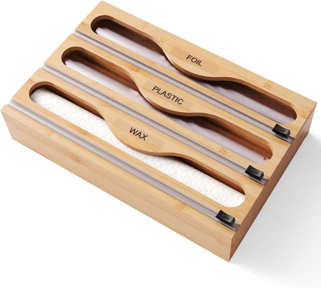 Wrap Dispenser with Cutter and Labels, Plastic Wrap Organizer For Kitchen,Bamboo 3-in-1 Wrap Dispensers for Cling Wrap Aluminum Foil and Wax,Storage Organization HolderNatural