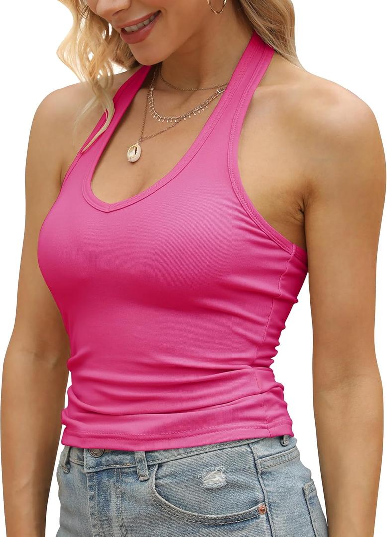 GEMBERA Womens Backless Halter Neck Front V Neck Camisole Basic Casual Fitted Cropped Tank Tops Shirts (Pink, S)
