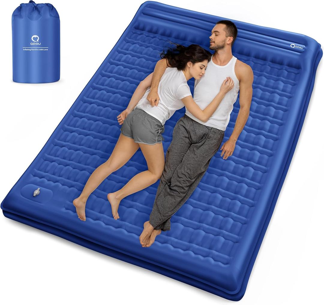 QPAU Sleeping Pad, 2 Person Camping Mattress, Enhanced Support for Healthy, with Built-in Foot Pump, 4.7 Inch Durable Sleeping Mat for Camping, Hiking, Backpacking and Home, (Blue) (Double Style)
