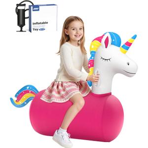 JOSEN Bouncy Hopper Giant Unicorn Ride On Toys, Inflatable Bouncing Animal Hopper with Hand Pump, Jumping Hopping Toys Up to 250lbs, Indoor Outdoor Bouncers for Teen Kids Girls Boys Ages 5+ (1 Pack)