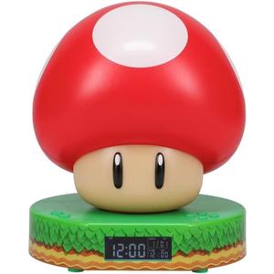 Paladone Super Mario Bros Mushroom Digital Alarm Clock with Power Up Game Sound and Night Light Glow, Licensed Nintendo Lamp for Kids Themed Bedroom and Bedside - 13.7 cm (One Size, Multicoloured)