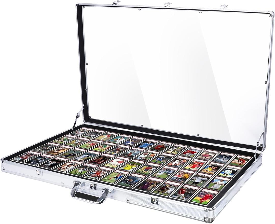 Card Display Case, Large Aluminum Trading Card Case, Tabletop Showcase for Trading Cards, Glass Trade Show Display Case with Lock for Graded Cards Jewelry Craft Collectibles - 34"x22" (Silver)