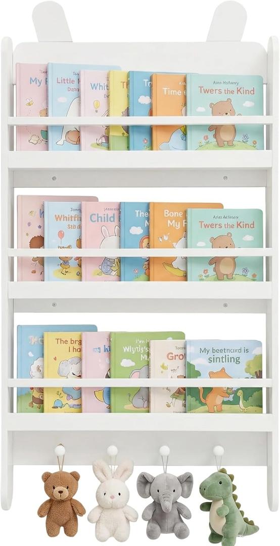 Wooden Kids Bookshelf, 3-Tier Wall Mount Shelf for Toys & Book Storage