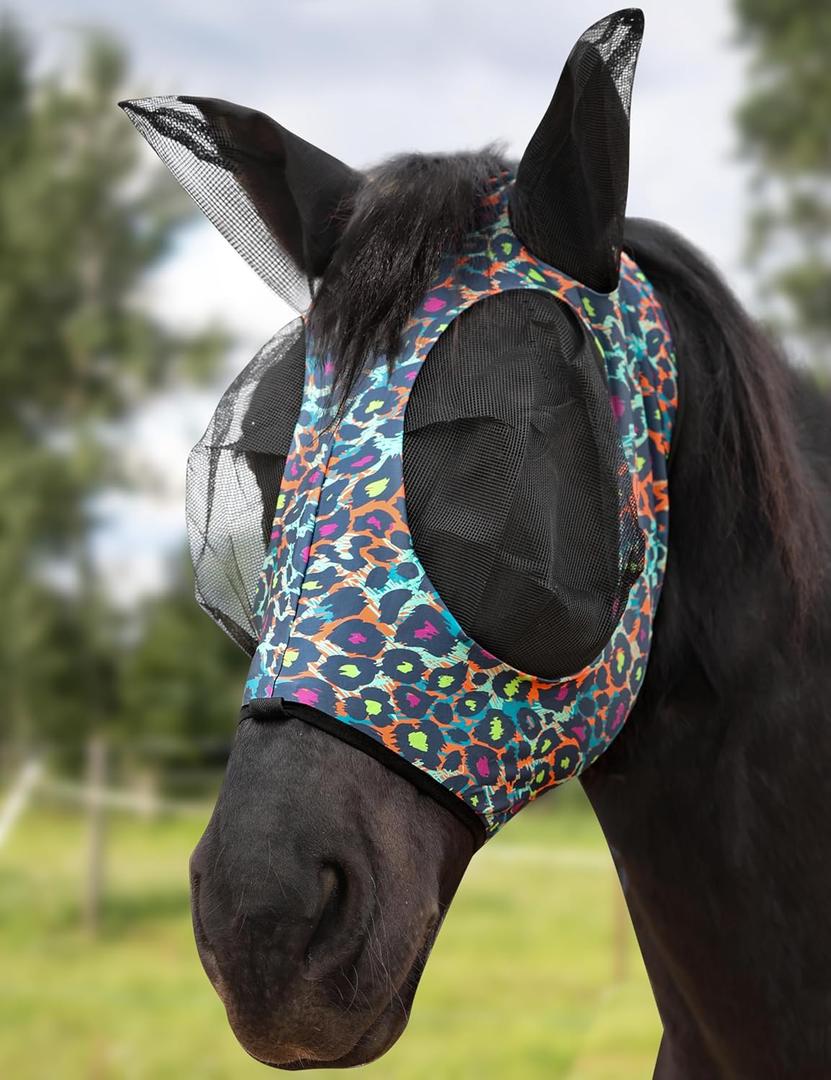 Harrison Howard Stretch Fly Mask with Forelock Opening and Patterns Comfortable Breathable Snug Fitting Horse Fly Mask Leopard L