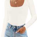 MEROKEETY Women's 2025 Square Neck Long Sleeve T Shirts Slim Fitted Ribbed Knit Casual Tee Tops, White, L