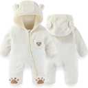 Fairy Baby Newborn Baby Bear Outfit With Fold-Over Mittens Footies Thin Fleece Romper Hooded Jumpsuit Winter Coat Girls Boys (White, 0-3 Months)