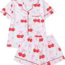 WDIRARA Women's 2 Piece Bow Cherry Print Pajama Set Short Sleeve Button Down Shorts Sleepwear Pjs (M)