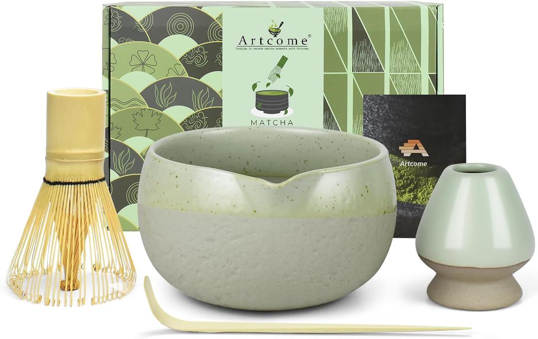 Artcome Matcha Tool Set Bowl with Pouring Spout, Whisk, Whisk Holder, Tea Scoop, Matcha Strainer, Tea Spoop, Tea Scoop Holder, Tea Cloth  Traditional & Refined (Coffee)