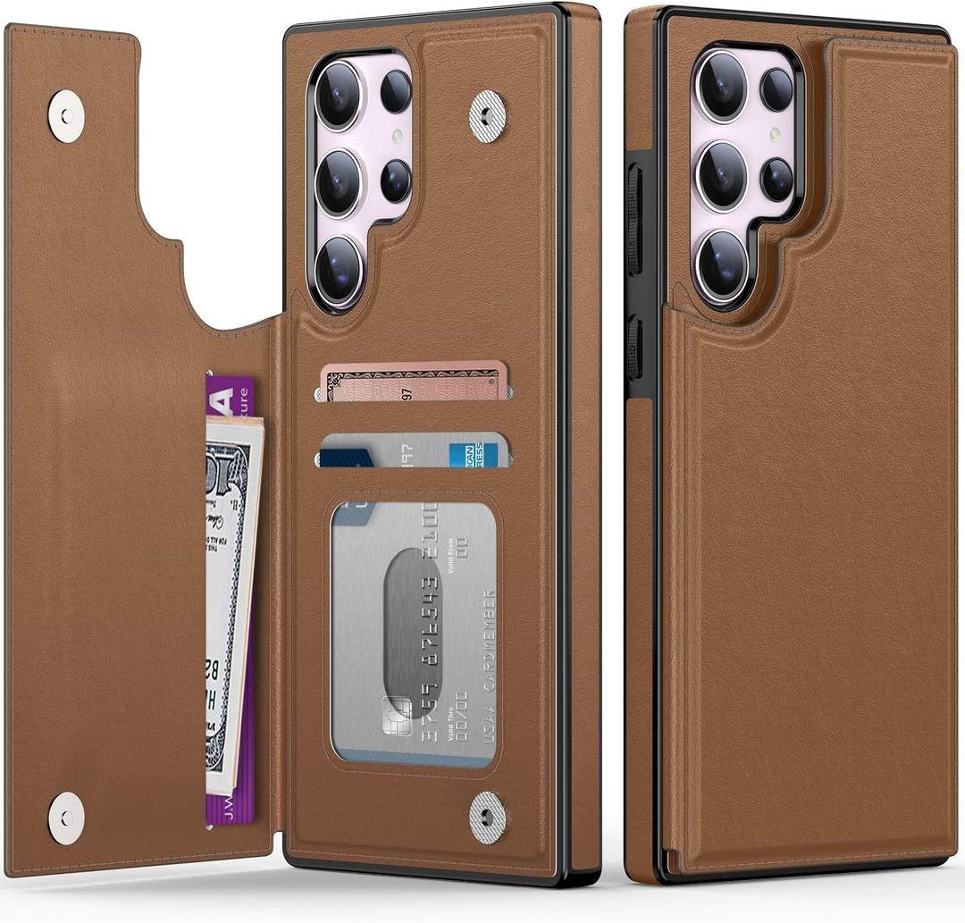 Goodon for Samsung Galaxy S23 Ultra Case Wallet - Flip Folio Leather Cover with Trendy Design, 3 Card Slots & Kickstand Function, Stylish Protective Phone Case for Women and Girls - Brown