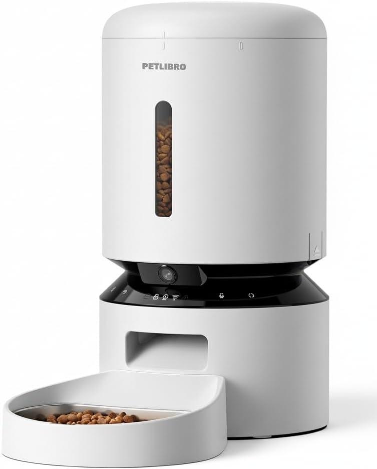 PETLIBRO Automatic Cat Feeder with Camera, 1080P HD Video with Night Vision, 5G WiFi Pet Feeder with 2-Way Audio, Low Food & Blockage Sensor, Motion & Sound Alerts for Cat & Dog Single Tray (White)