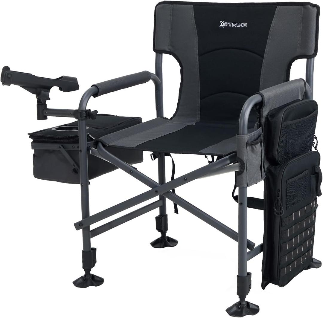 X Strike Fishing Chairs with Rod Holder, Folding Ice Fishing Chair for Adults Outdoor Camping Chair Leg Adjustable with Cooler Bag and Storage Bag for Camp, Lawn, Patio, Garden (Black)