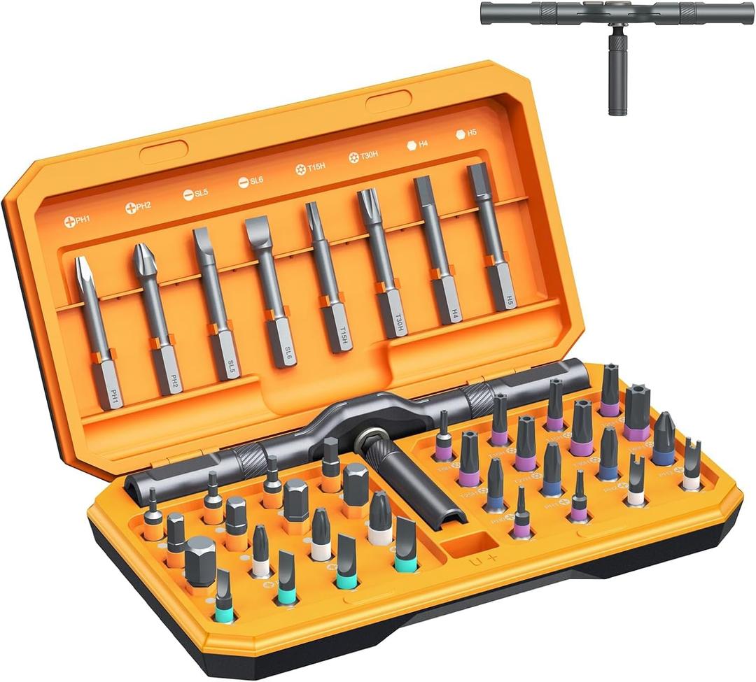 ORIA Ratchet Screwdriver Set, 42 in 1 Magnetic Screwdriver Kit with T Handle, Repair Tool Kit with 40 PCS Precision Bits, Portable Storage Case for Home Appliances, DIY (Orange)