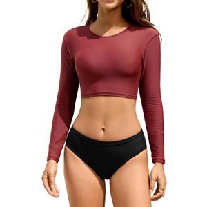 Cromi Women Two Piece Long Sleeve Swimsuits Rash Guard Bathing Suit Sun Protection Crop Top with Swim Bottom (Medium, Burgundy/Black)