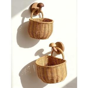 2 Pack Wall Hanging Rattan Baskets, Hand-Woven Storage Basket, Small Wall Hanging Baskets for Kitchen, Washable Decorative Basket, Potato Garlic Onion Storage Baskets