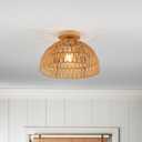 Boho Rattan Ceiling Light Fixtures Boho Lamp Shade Flush Mount Ceiling Light Hand-Woven Small Chandelier Wooden Base Chandelier Light for Hallway Bedroom Kitchen Nursery
