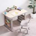 GITAWUSA Kids Desk and Chair Set, Height Adjustable Children's Study Desk, Graffiti Table for 3-12 Years, Kids Art Table with Side Bookshelf and Storage, Multi-Functional for Bedroom & Study Room(Grey), 24 inches x 36 inches x 28.7 inches