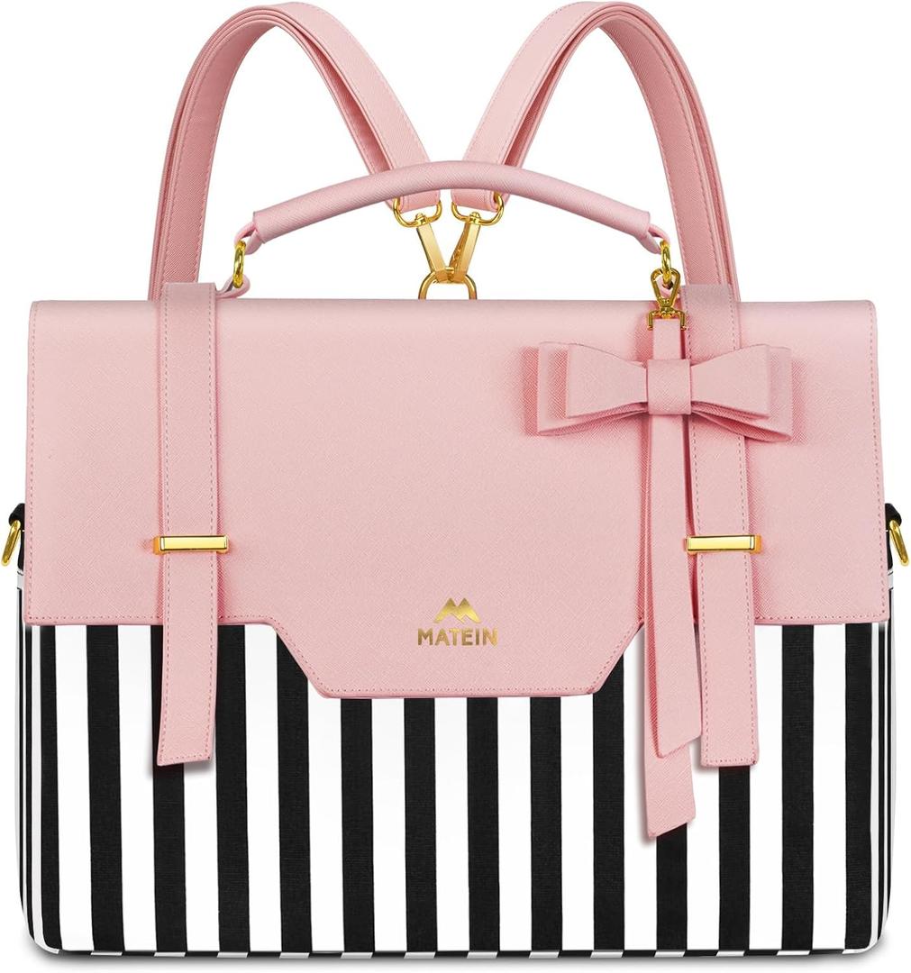 MATEIN Briefcase for Women, 15.6 Inch Convertible Laptop Briefcase Backpack with Bow, Cute Kawaii Computer Messenger Crossbody Laptop Tote Bag Carrying Case Gift for College Work Travel 3 in 1, Pink