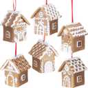 Funtery 6 Pcs Gingerbread House Ornaments for Christmas Tree Gingerbread Christmas Decor with Rope Xmas Hanging Ornaments for Tree Holiday Party New Year Home Decorations (White Frosting Style)