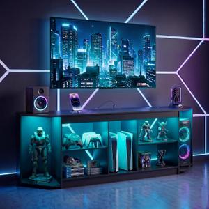 Modern TV Stand with LED Lights & Power Outlets for 75 inch TVs, Gaming Entertainment Center for PS5 Xbox, Media Consoles for Bedroom, Living Room, Black, 66 X 15.7 X 24in