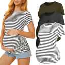 3 Pack Womens Maternity Shirts - Crew Neck Maternity Top Short Sleeve Pregnancy Tee Shirts, Medium