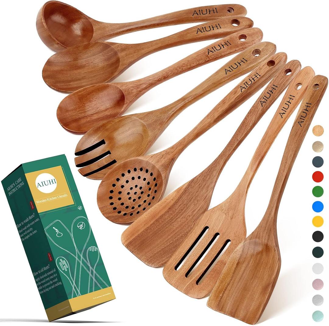AIUHI Wood Spoons for Cooking, Nonstick Kitchen Utensil Set, Wooden Spoons Cooking Utensil Set Non Scratch Natural Teak Wooden Utensils for Cooking (Teak Pack of 8)