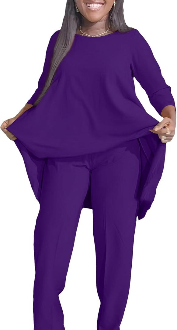 Plus Size 2 Piece Sets for Curvy Women Sexy Fall Long Sleeve Tops Wide Leg Pants Sets Sweatsuits Casual Tracksuits (XXL)