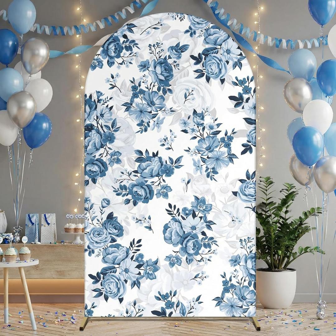 Arch Backdrop for Baby Shower Mexican Talavera Wedding Party Stretchy Arch Stand Cover Double Side Banner Baptisms Birthday Decoration Props Only Cover(Blue Floral,3.3x6ft)