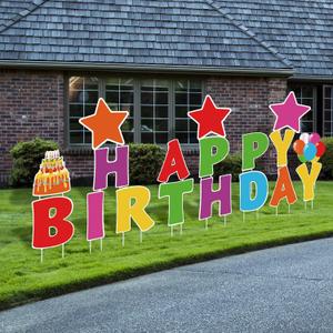 Jetec 18 Pieces Happy Birthday Yard Signs with Stakes, 16 Inches Birthday Outdoor Lawn Signs, Cake Balloon Patio Decorations, Garden Lawn Decorations for Party Outdoor Decor(Rainbow Color)