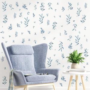 Watercolor Leaves Wall Stickers Blue Country Leaf Wall Decals Peel and Stick Small Tree Leaf Wall Stickers Removable Botanical Plant Leaves Wall Decals for Bedroom Living Room Decor