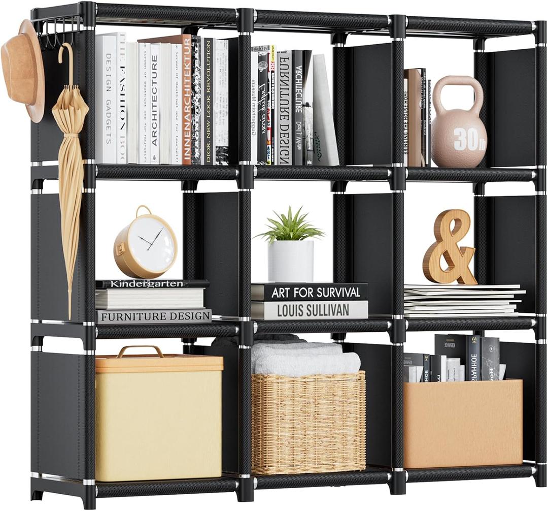 Mavivegue Book Shelf, 9 Cube Storage Organizer, DIY Bookcase, Metal Cube Bookshelf, Tall Book case for Bedroom, Living Room,Office, Closet Storage Organizer, Black Cubicle Storage Rack (9-Grid)