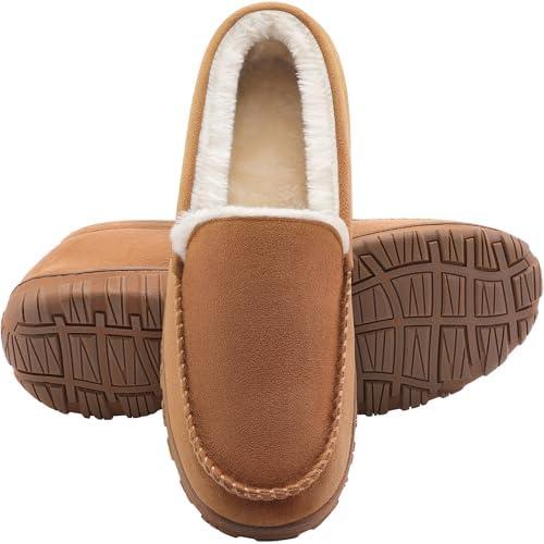shoeslocker Men's Slippers Indoor Outdoor Warm Soft Plush Memory Foam House Slippers for Men Comfortable Bedroom Moccasin Slipper Non-Slip, Size 14
