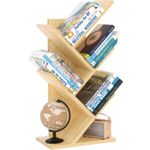 SHEEPAM 5 Tier Tree Book Shelf, Small Desktop Bookshelf with Storage Organizer, Wood Bookcase, Desk Display Bookshelves, Floor Standing Organizer Bookcases for Living Room, Bedroom, Office-Natural
