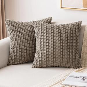 MIULEE Throw Pillow Covers Soft Corduroy Decorative Set of 2 Boho Striped Pillow Covers Pillowcases Farmhouse Home Decor for Couch Bed Sofa Living Room 18x18 Inch Brown