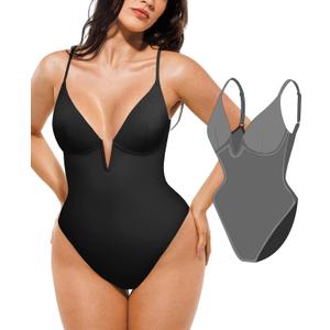 Popilush Tummy Control Swimsuits for Women Shapewear One Piece Deep V Neck Underwire Swimsuit Summer Beach Pool Vacation (Black, S)