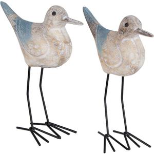 Seagull Statues Coastal Beach Nautical Decor, Wood Sea Bird Sculpture Ornament for Home Room Table Decor (2pcs) (Brown-blue)