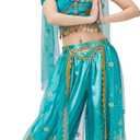 Belly Dance Princess Costume - Aladdin Jasmine Cosplay Outfits Halloween Party Teal Costumes for Women (8-10)