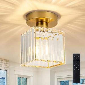 Crystal Ceiling Light Fixture, Modern Semi Flush Mount Ceiling Light with Remote Control, Cube Gold Flush Mount Chandelier for Entryway Kitchen Bedroom Living Room Entryway (Bulb Included)