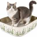 Extra Large Stainless Steel Cat Litter Box (23") – Hand-Painted Metal Litter Pan with Scoop, Odor Resistant, Non-Stick, Easy Clean (Pretty Plants)
