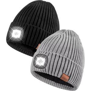 Beanie with Light for Men 2 Pack, Hat with Light Built in Rechargeable Winter Warm Knitted Headlamp Caps, Gift for Men Dads Husband Led Beanie Hats with Light (Black&Light Gray) (One Size)