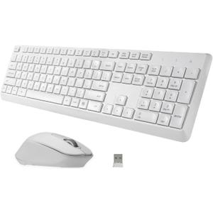 HUO JI Silent Wireless Keyboard and Mouse Combo, 2.4G Full-Size Thin Computer Keyboard Set, Quiet and Soft Ergonomic Wireless Keyboard Mouse for Windows, Laptop/PC/PS/Mac Desktop, White