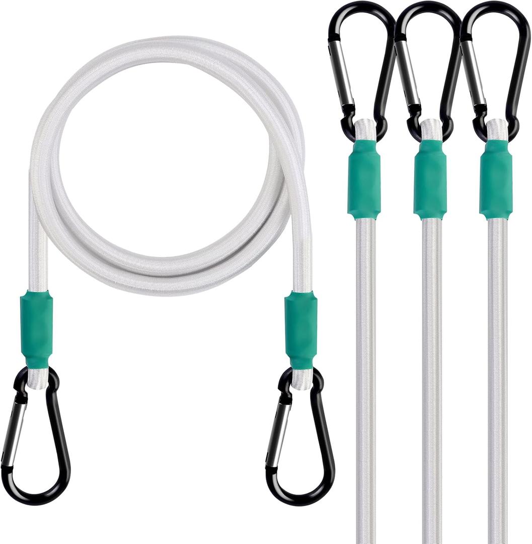 Bungee Cord with Carabiner 24 inch White Heavy Duty, 4-Piece, 5/16 inch Diameter Cord with White Nylon Fiber, UV Resistant
